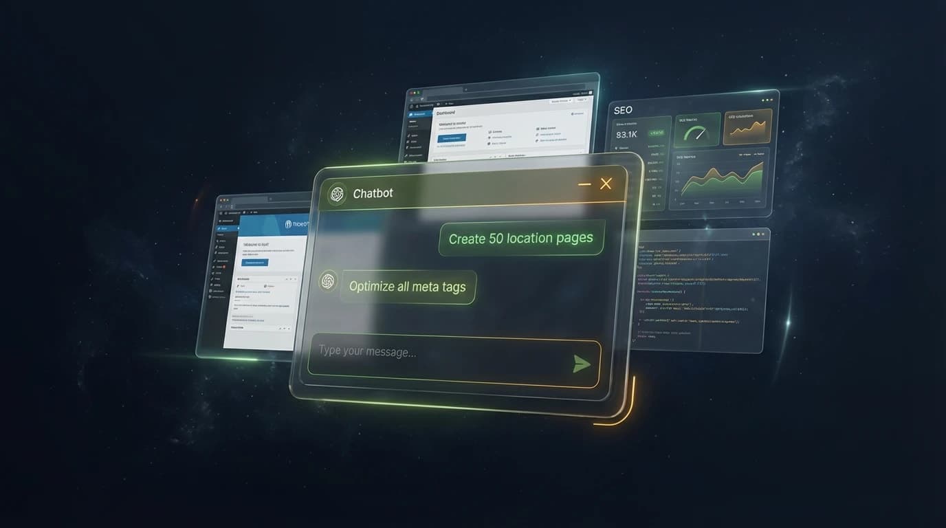 InstaRank AI Agent interface showing autonomous WordPress management with AI chat commands